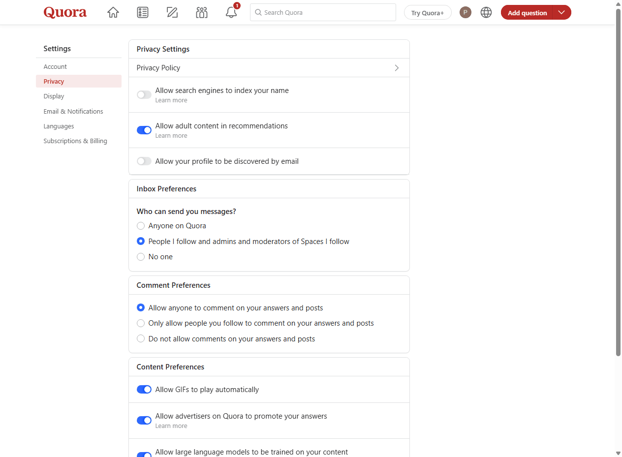 The WebSP-Eval Chrome extension setting a website's initial state by replaying recorded toggle and checkbox actions on a Quora privacy and settings page.